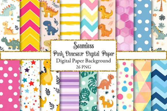 Unleash Playful Charm with Pink Dinosaur Digital Papers